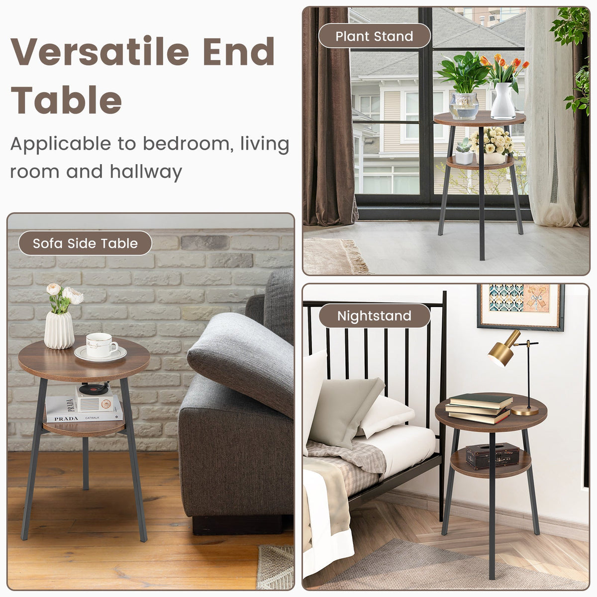 2-Tier Round End Table Set of 2 with Open Shelf and Triangular Metal Frame-Walnut
