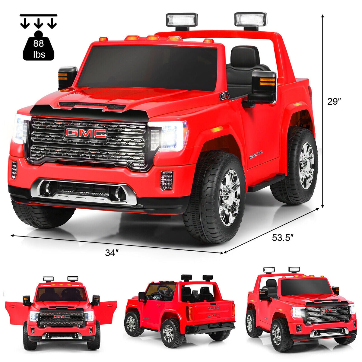Licensed GMC 2-Seater Kids Ride On Truck with RC Control and Storage Box - Red