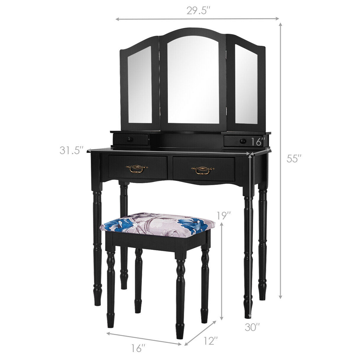 Simple Vanity Set with Tri-Folding Mirror Drawers and Storage Shelf