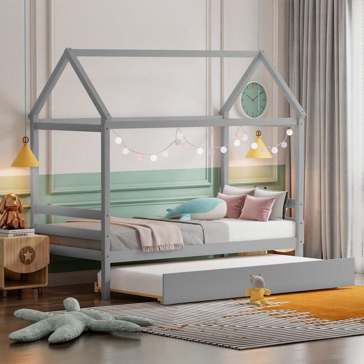 Kids Platform Bed Frame with Roof for Bedroom