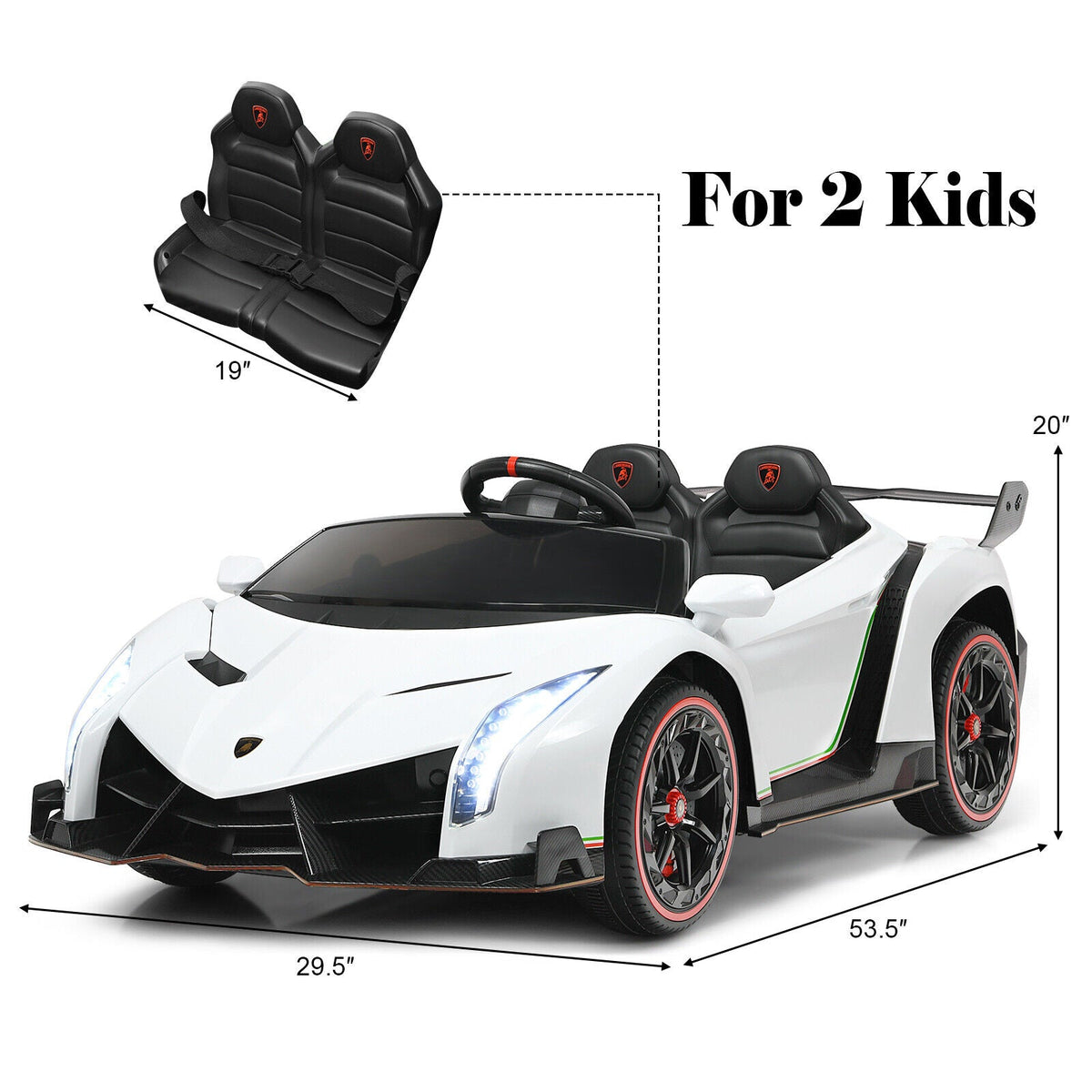 2-Seater Licensed Lamborghini Kids Ride On Car with RC and Swing Function - White (12V)