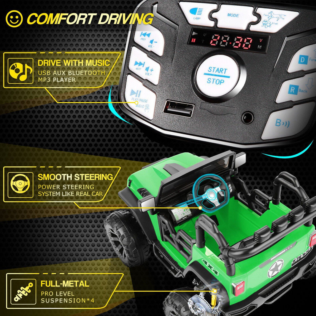 400W 2-Seater Electric Ride-On Jeep for Kids with LED Lights and Remote Control