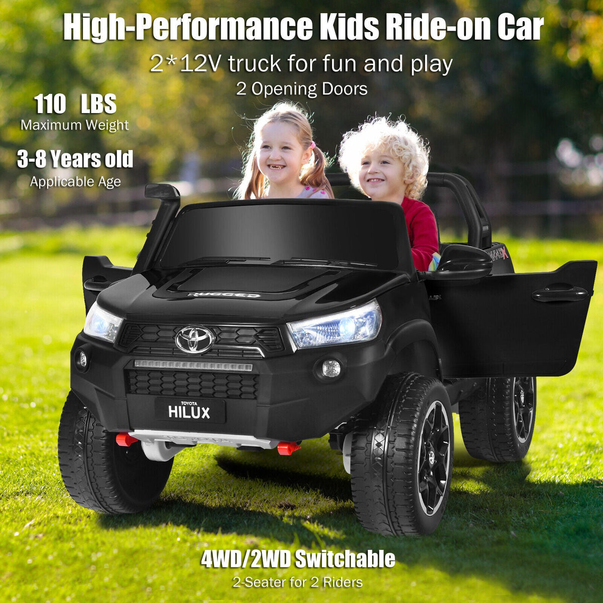 Licensed Toyota Hilux Ride On Truck Car 2-Seater 4WD with Remote Control - Painted Black
