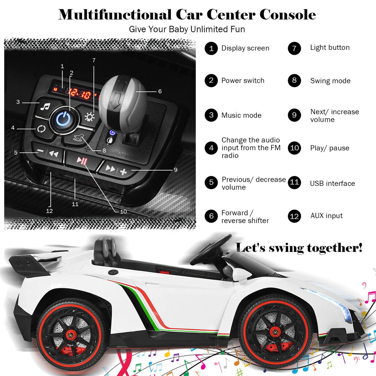 2-Seater Licensed Lamborghini Kids Ride On Car with RC and Swing Function - White (12V)