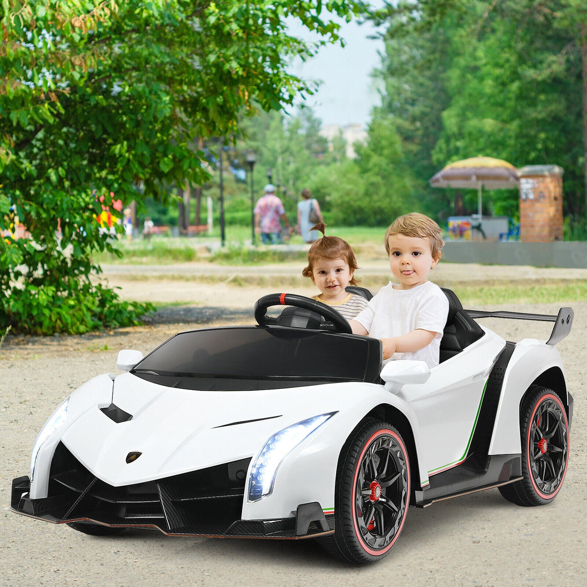 2-Seater Licensed Lamborghini Kids Ride On Car with RC and Swing Function - White (12V)