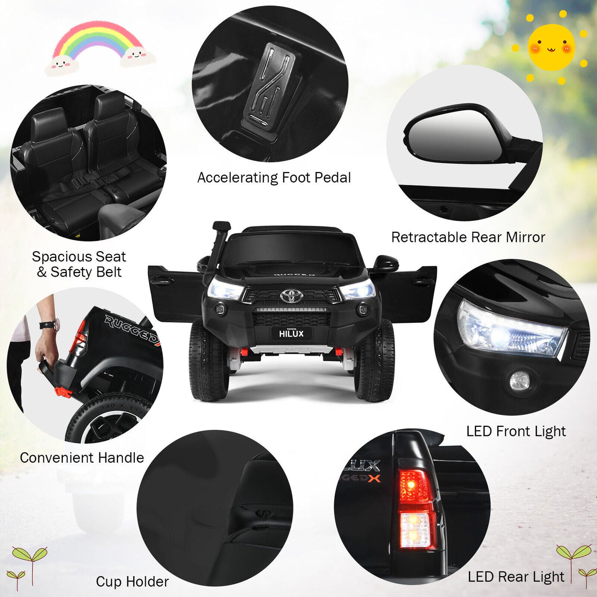 Licensed Toyota Hilux Ride On Truck Car 2-Seater 4WD with Remote Control - Painted Black