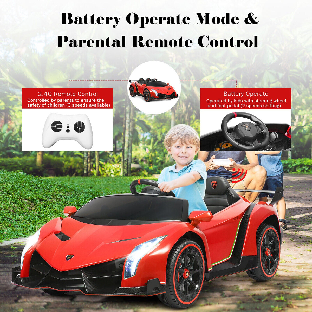 2-Seater Licensed Lamborghini Kids Ride On Car with RC and Swing Function - Red (12V)