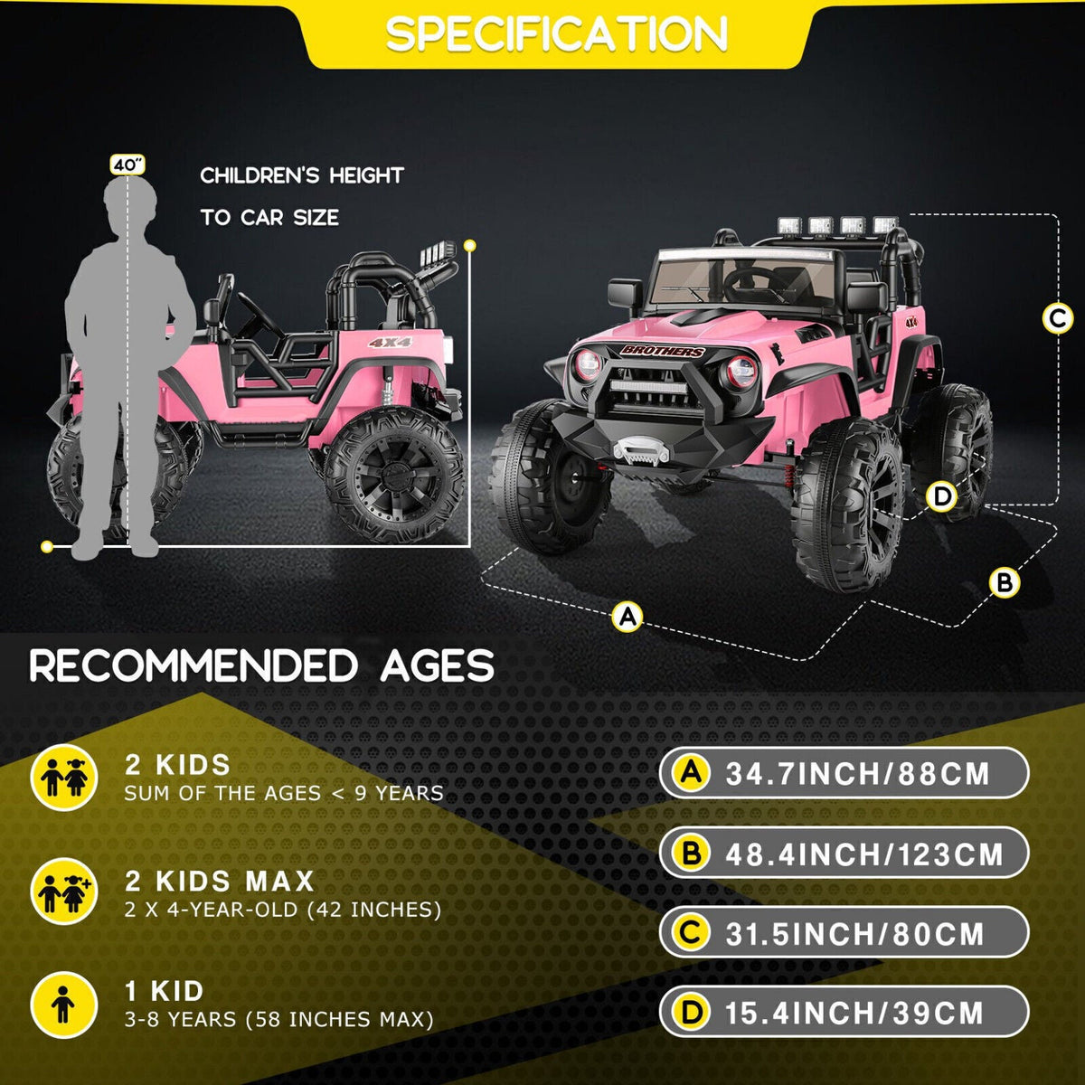 400W 2-Seater Electric Ride-On Jeep for Kids with LED Lights and Remote Control