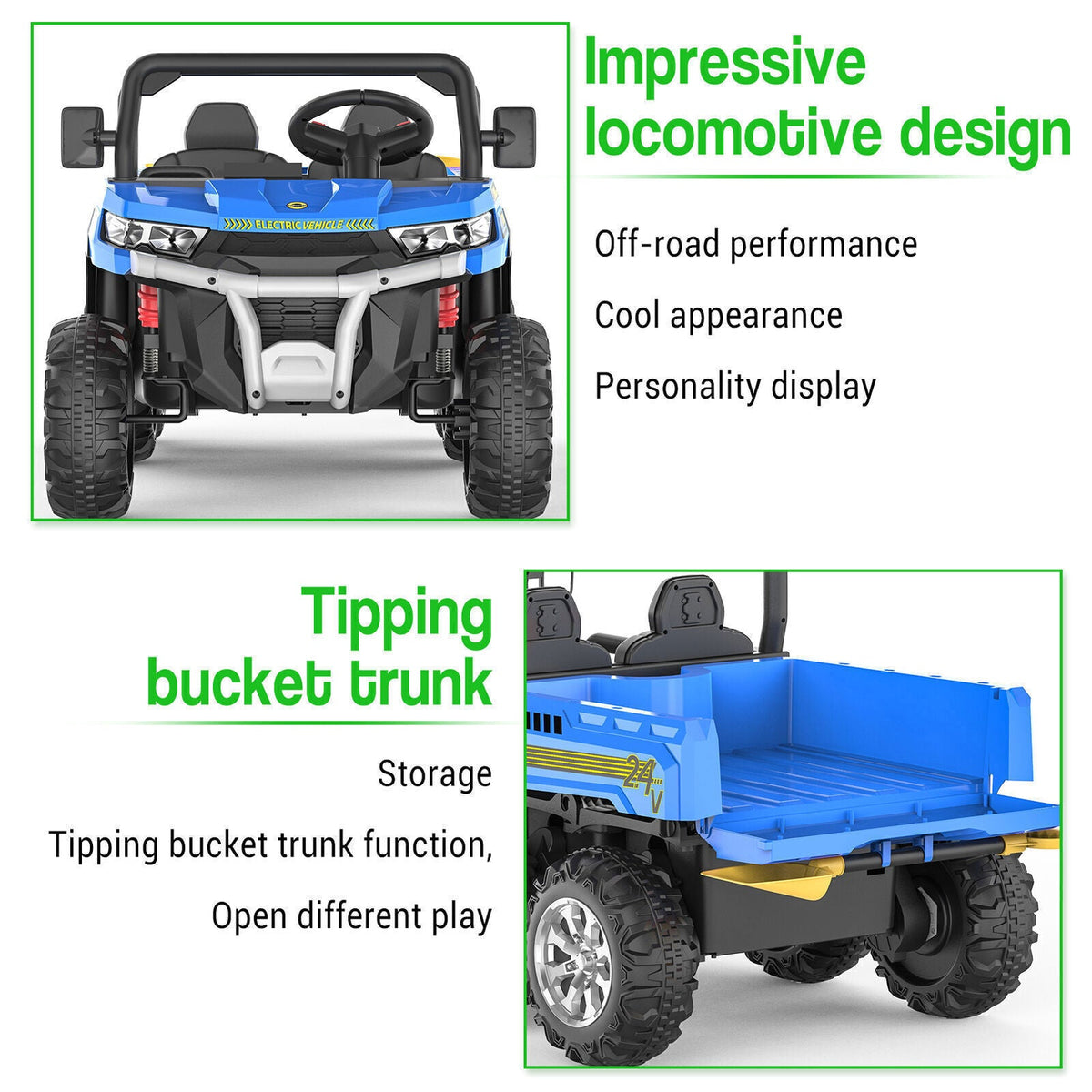 24V Electric Children's Ride-On Truck Toy Battery-Operated Two-Seater Bluetooth Lights Plaything