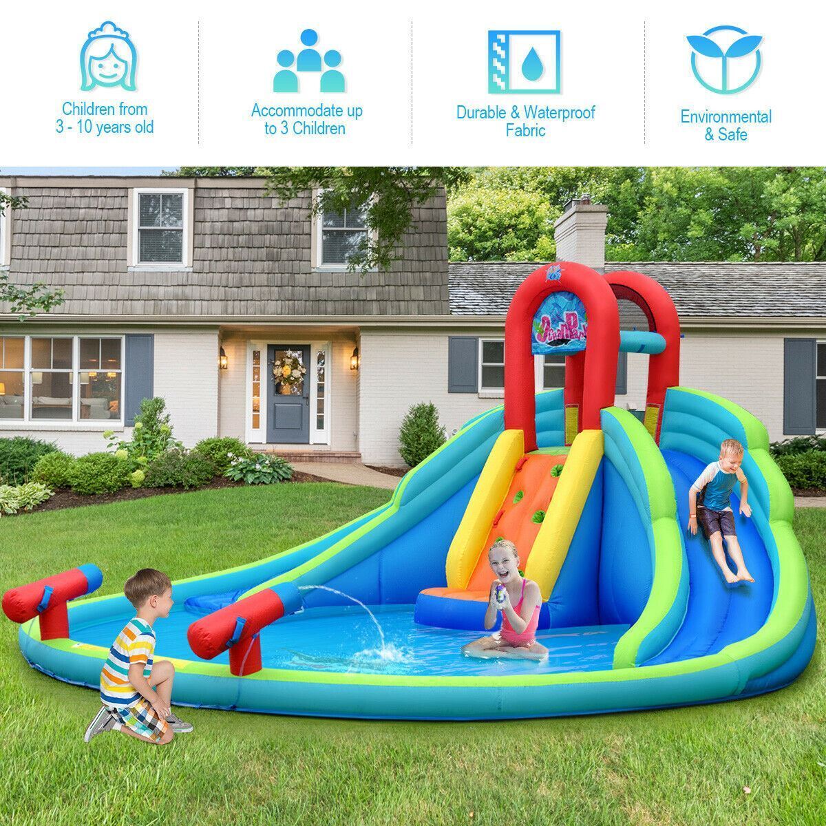 Modern Long-lasting Kids' Blow-up Water Slide Bounce Castle with Carrying Pouch