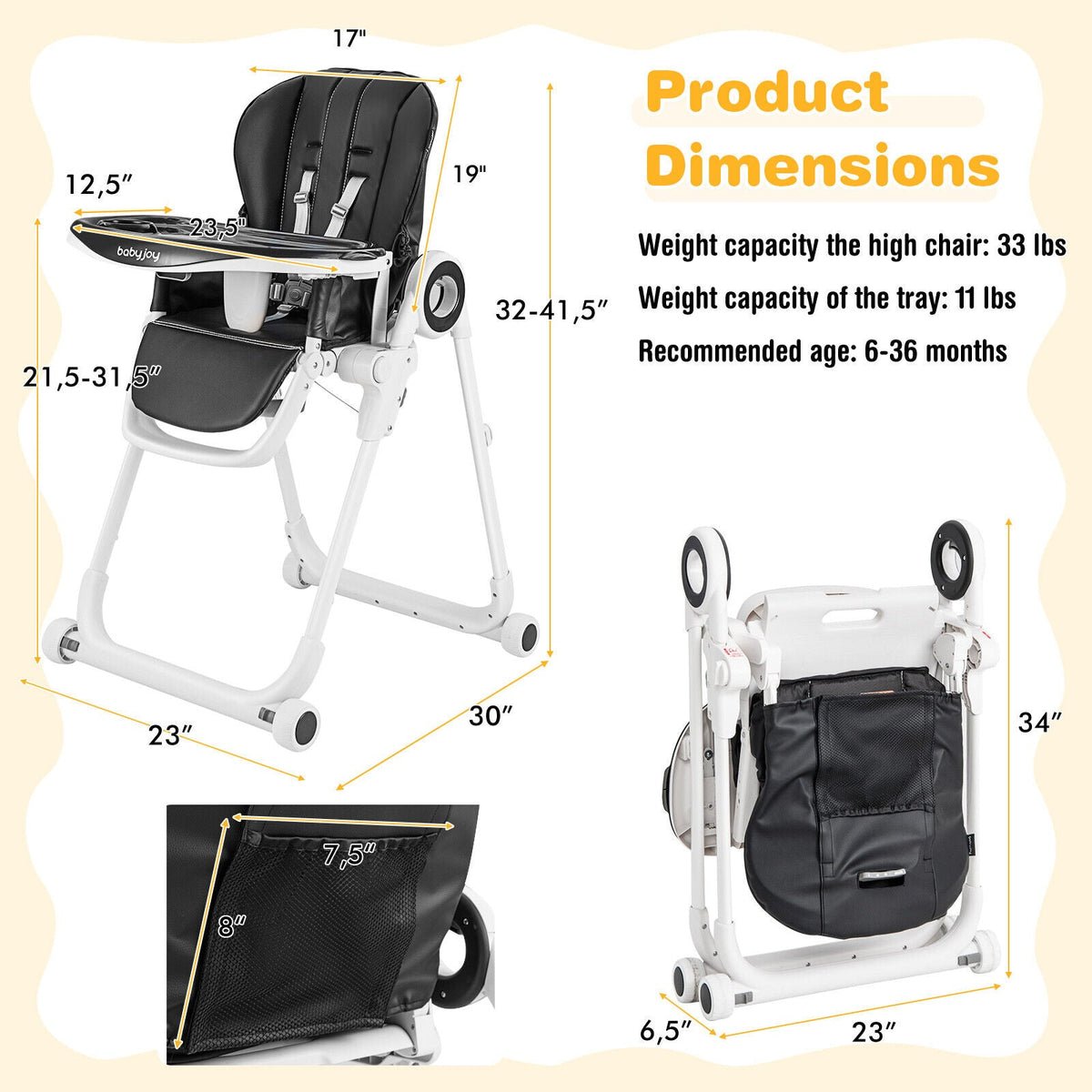 Baby High Chair Foldable Feeding Chair with 4 Lockable Wheels
