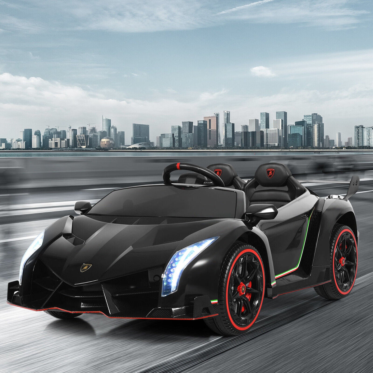 2-Seater Licensed Lamborghini Kids Ride On Car with RC and Swing Function - Black (12V)
