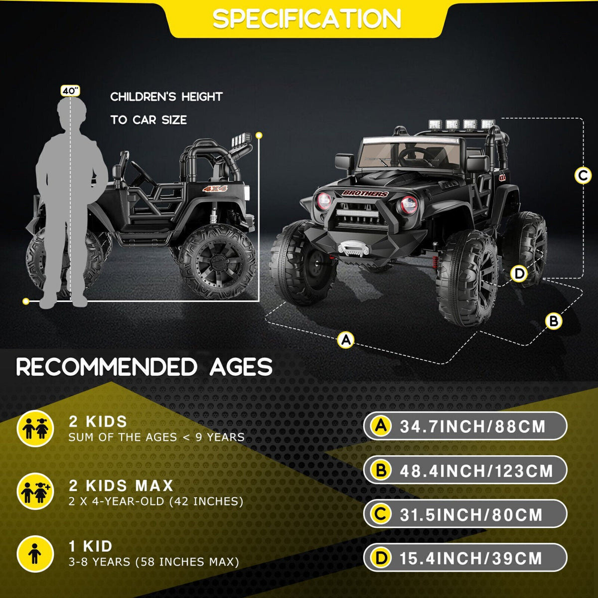400W 2-Seater Electric Ride-On Jeep for Kids with LED Lights and Remote Control