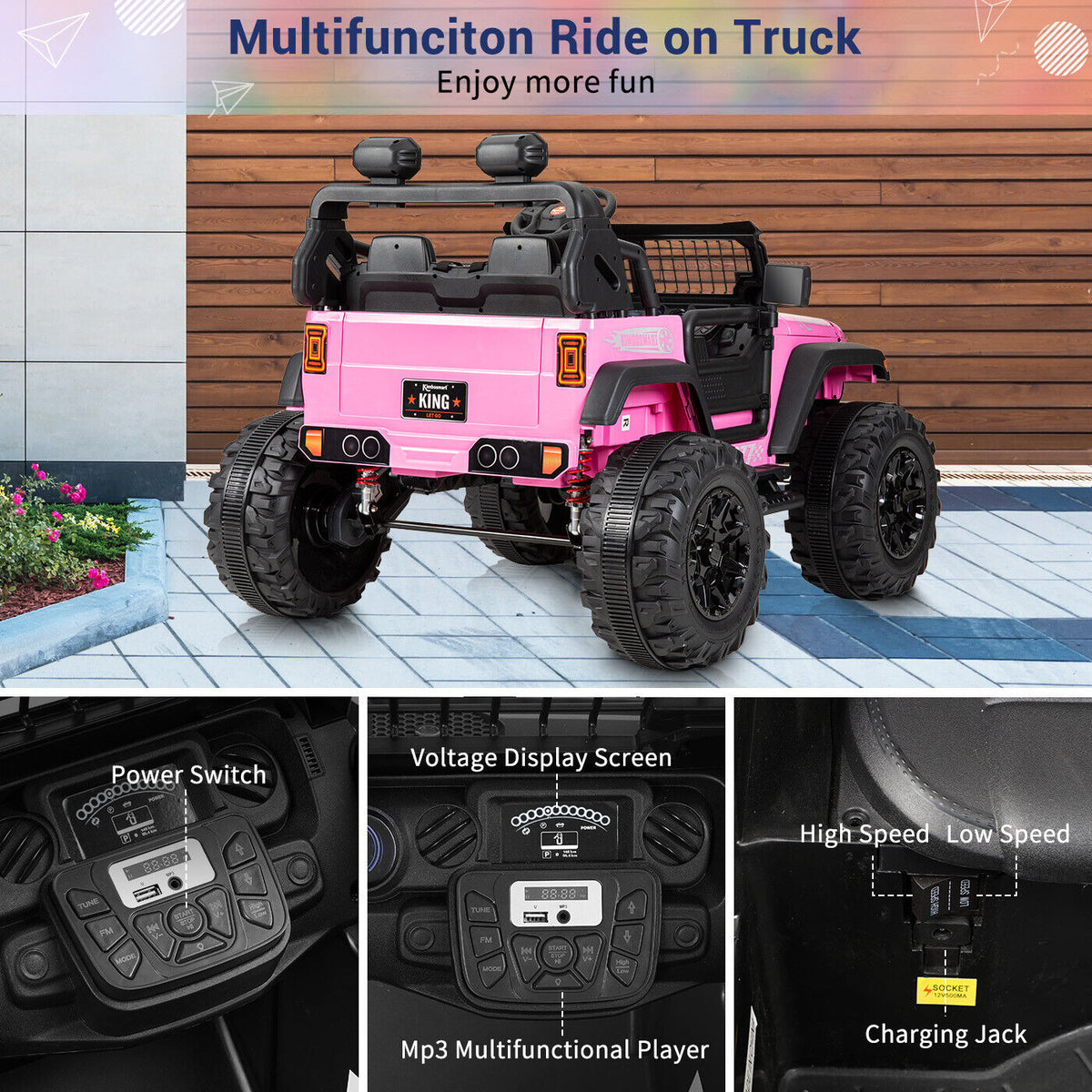 Kimbosmart 24V 4WD Children's Electric Ride-On Truck with Remote Control and Battery Level Alert