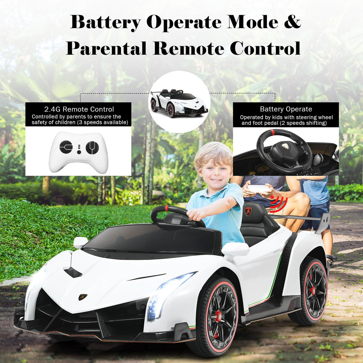 2-Seater Licensed Lamborghini Kids Ride On Car with RC and Swing Function - White (12V)