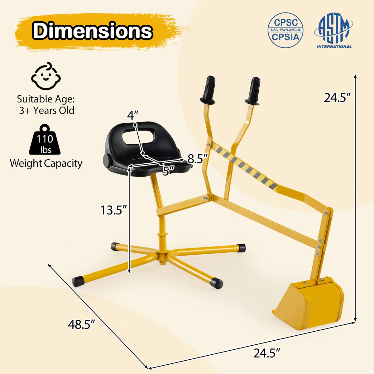 Sand Digger with 2-Handed Controls and Flexible Shovel for 3+ Years Old Kids-Yellow