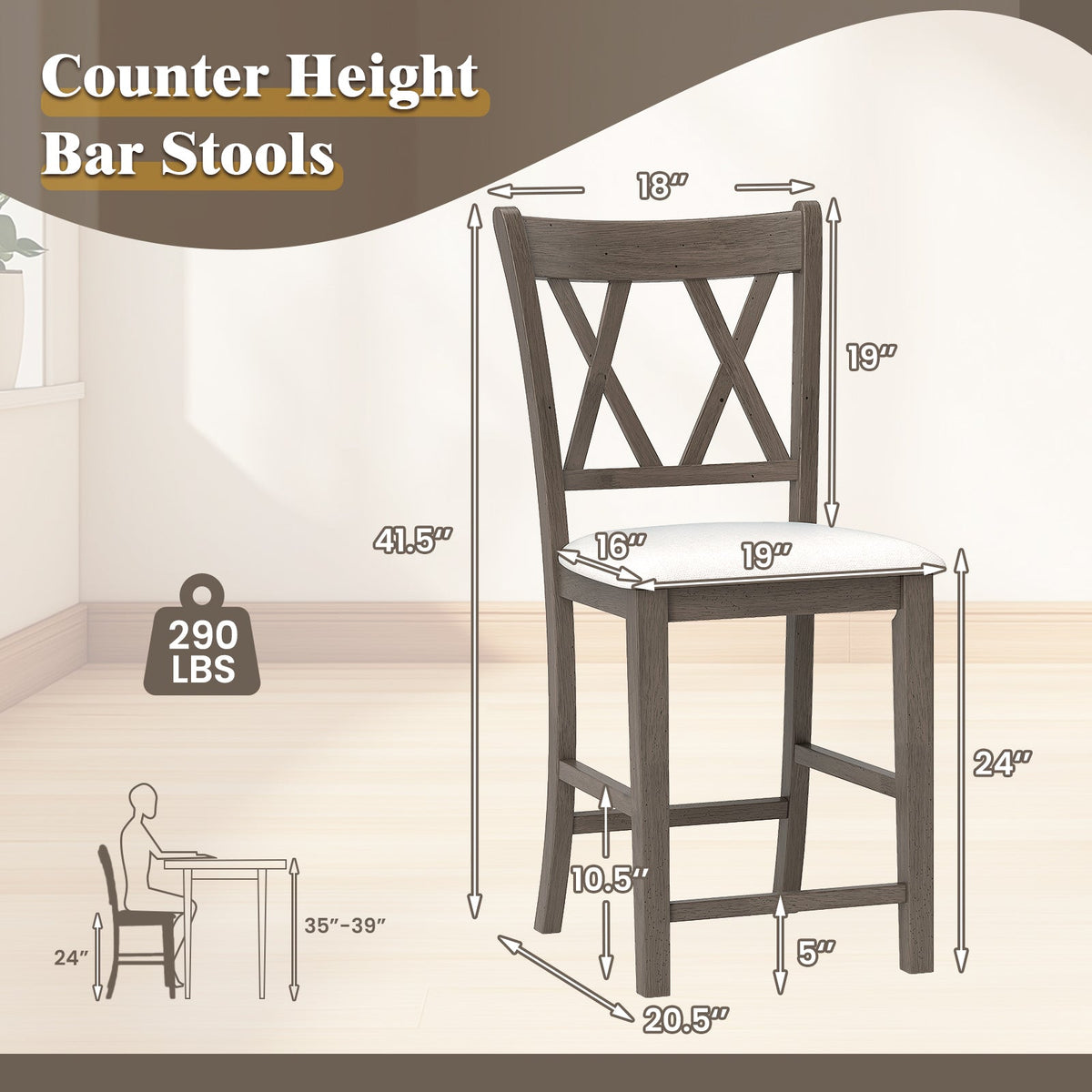 Set of 2 Bar Stools with Cross Back and Linen Fabric Upholstered Seat-Beige
