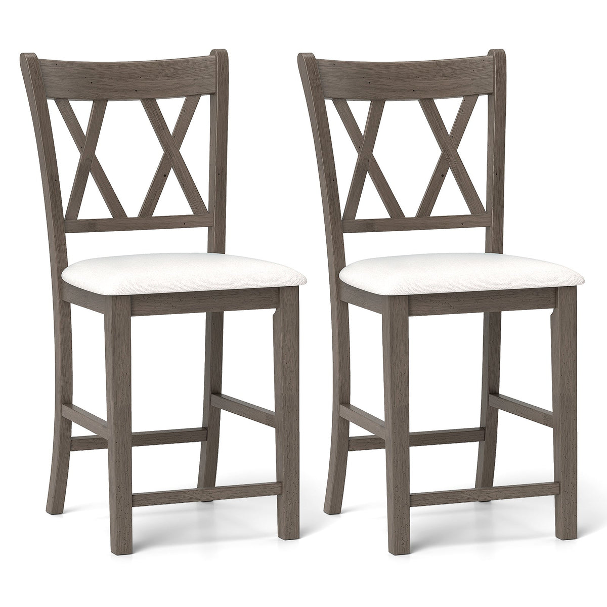 Set of 2 Bar Stools with Cross Back and Linen Fabric Upholstered Seat-Beige