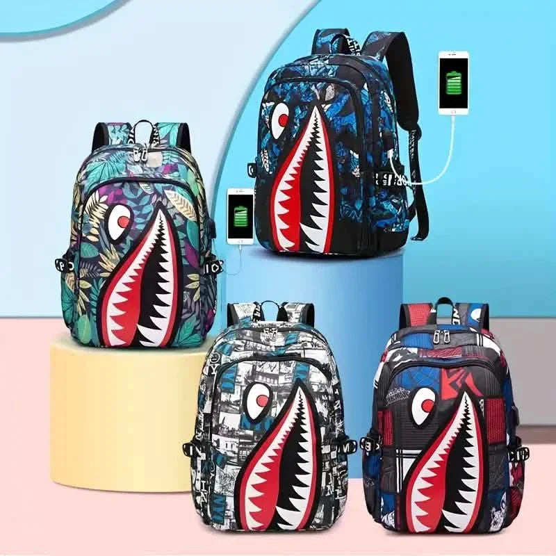 Patterned Shark Nylon Student Backpack