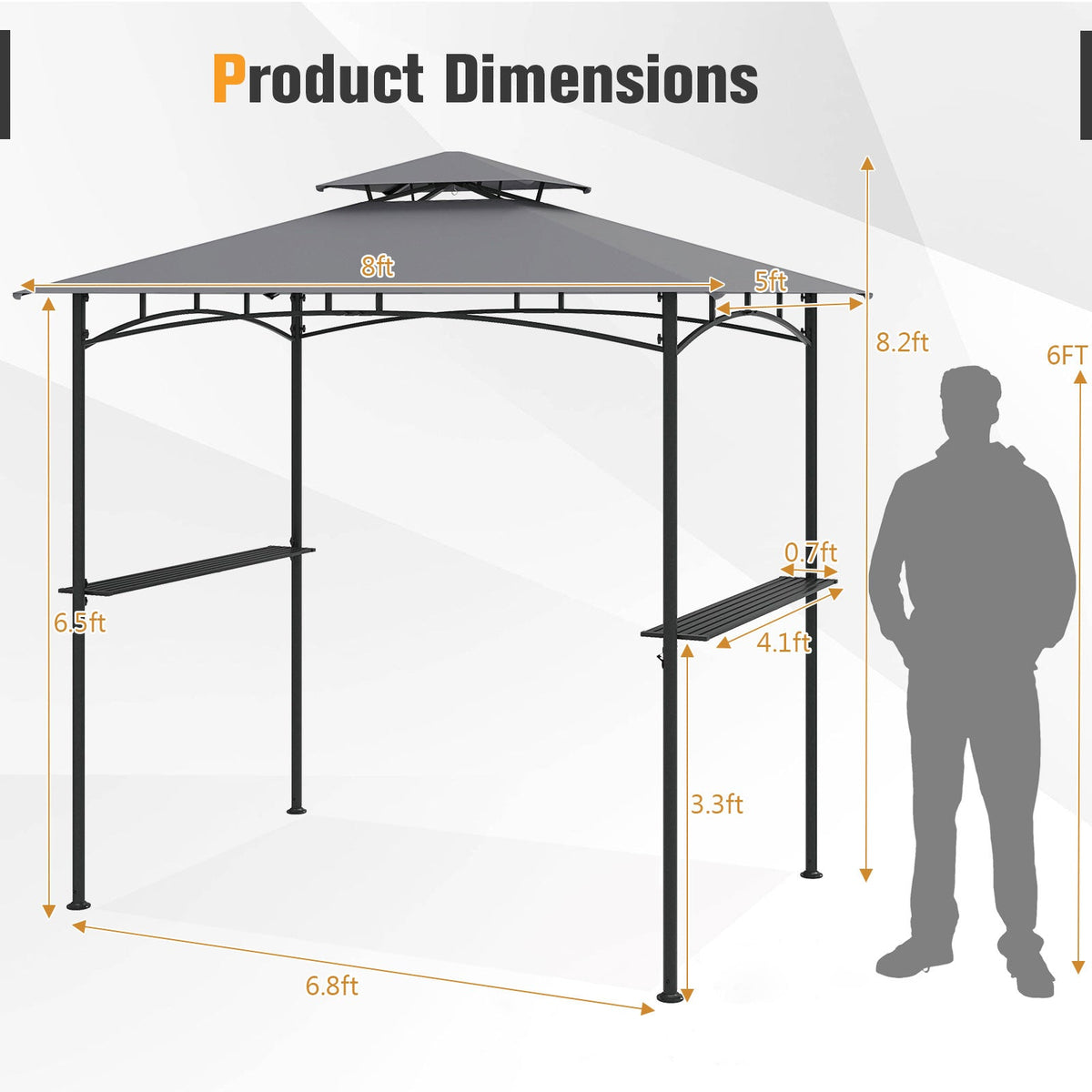 8 x 5 Feet Grill Gazebo with 2 Shelves 6 Hooks and Metal Frame-Gray