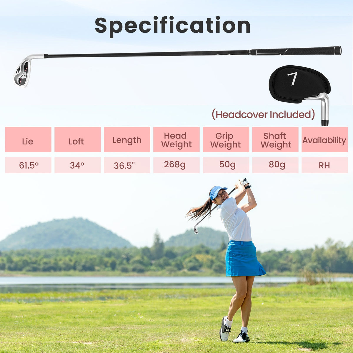 #7 Iron Single Golf Club for Women with Graphite Shaft and Headcover