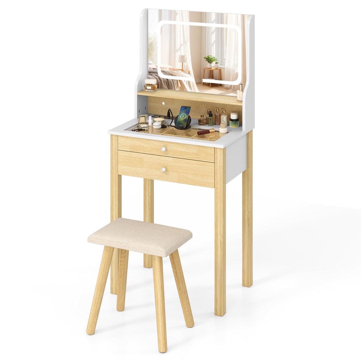 Small Vanity Desk Set with Adjustable LED Lighted Mirror and Power Outlets-White