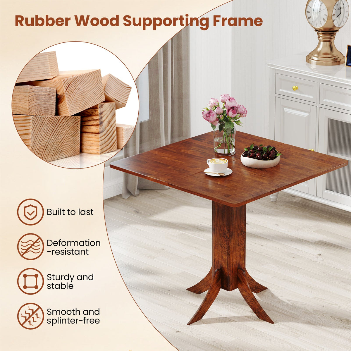Square Dining Table with Pedestal Base and Rubber Wood Frame-Walnut
