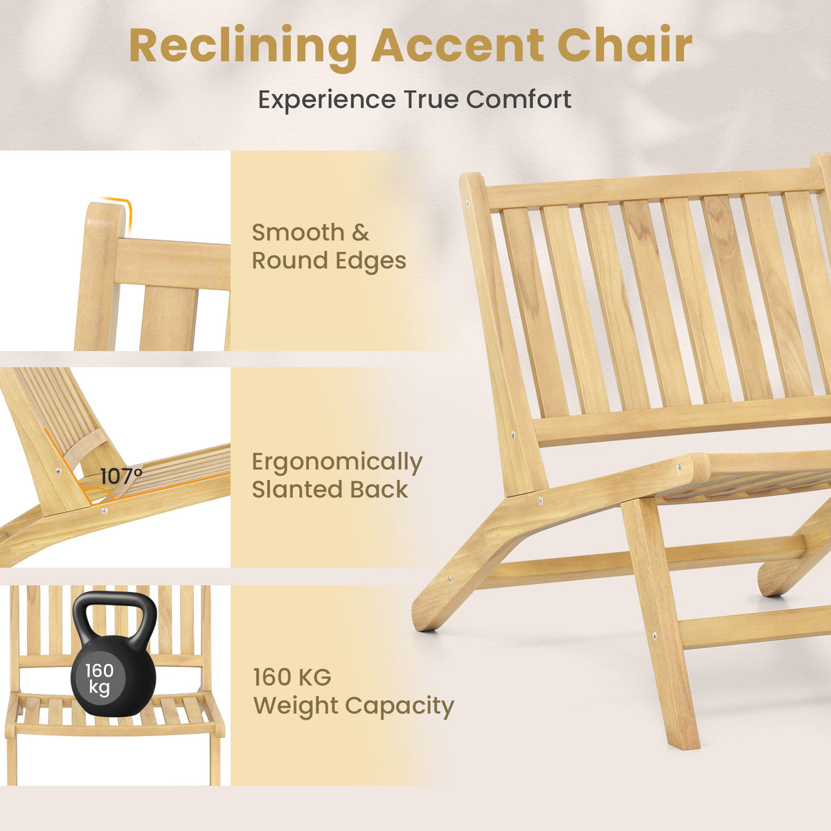 Teak Wood Outdoor Reclining Chair with Comfortable Backrest