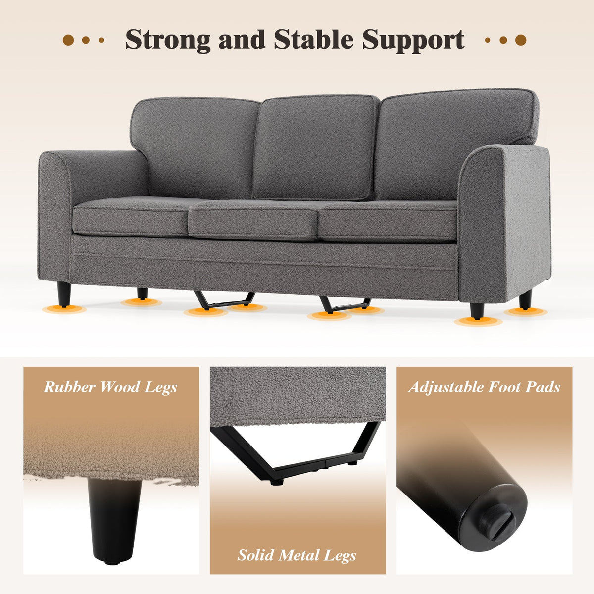 Upholstered Teddy Velvet 3-Seat Sofa with Comfy Back Pillows
