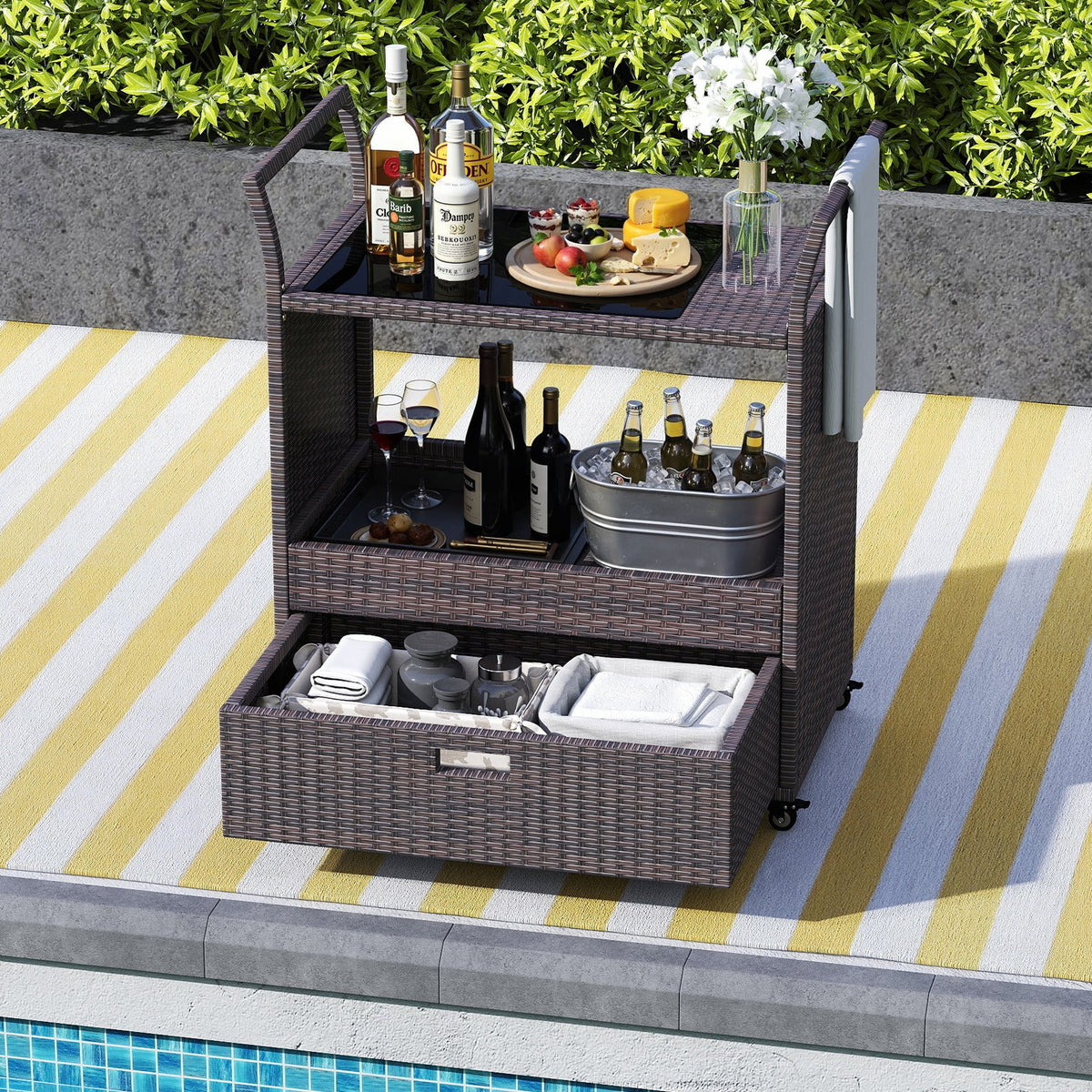 Outdoor Wicker Bar Cart Table with Tempered Glass Top
