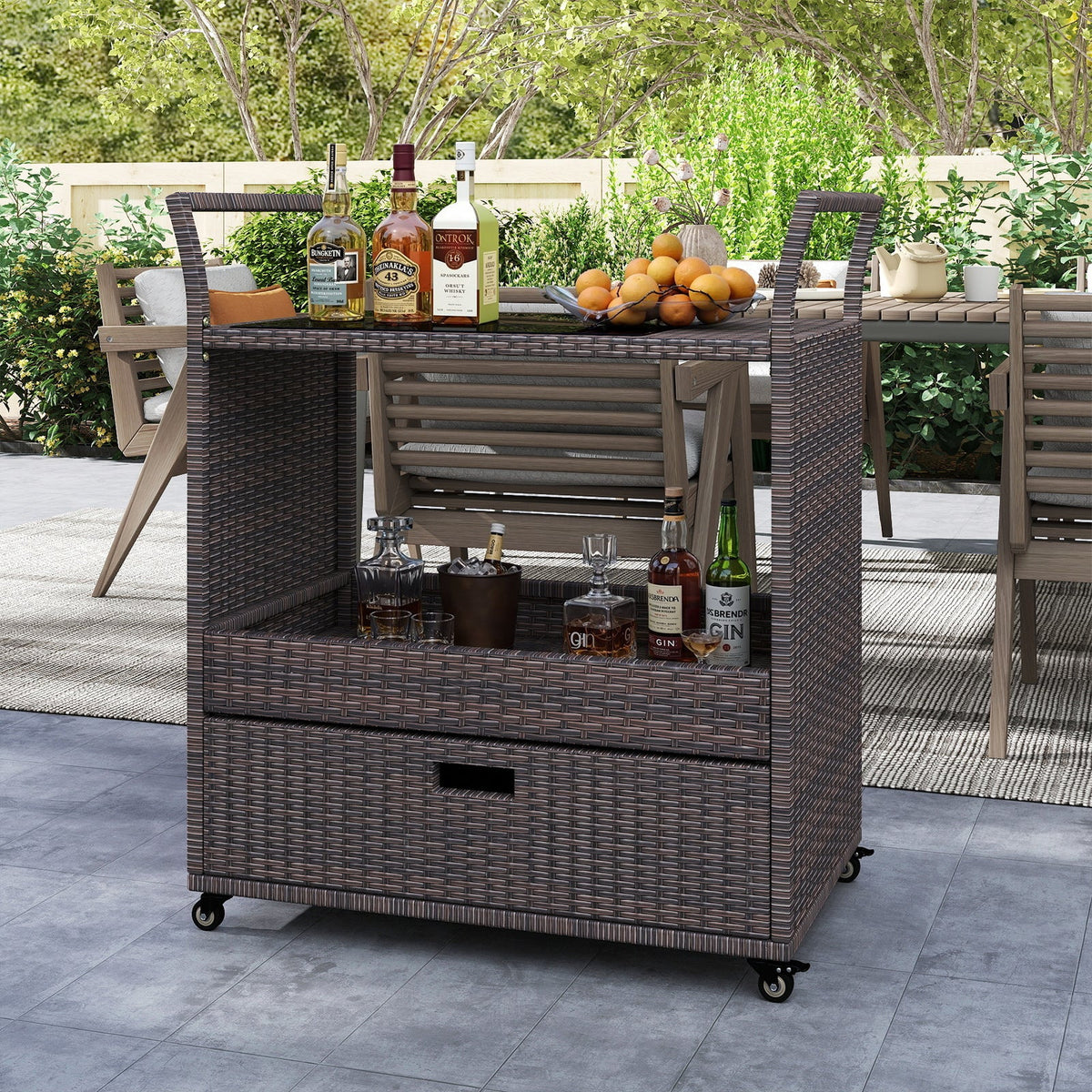 Outdoor Wicker Bar Cart Table with Tempered Glass Top