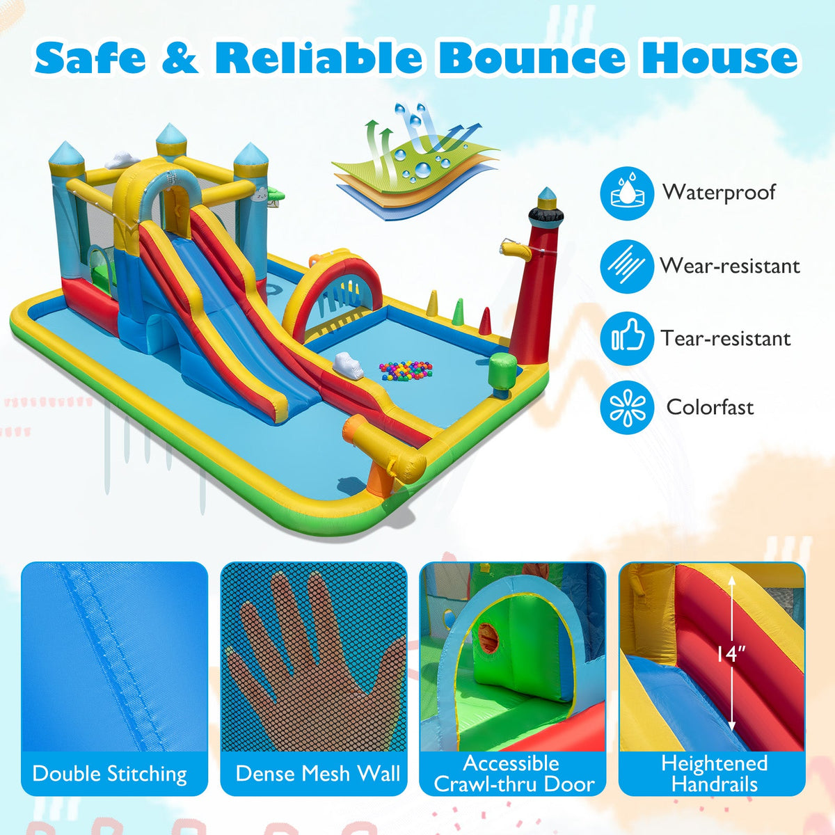 Inflatable Water Slide with Jumping Area and Climbing Wall(with 680W Blower)