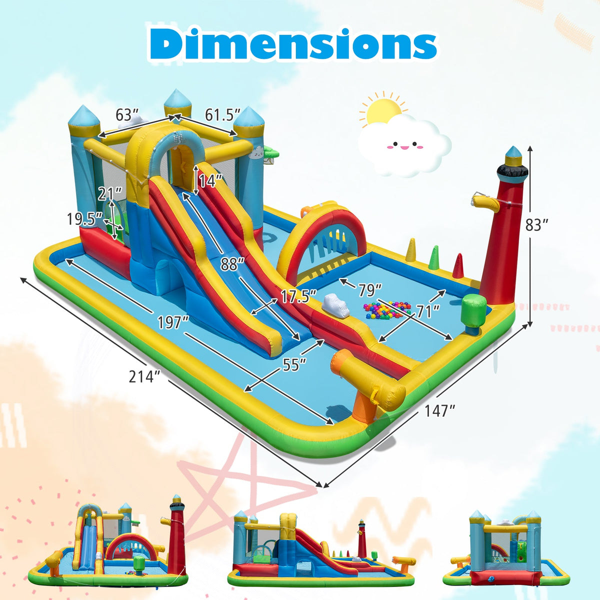Inflatable Water Slide with Jumping Area and Climbing Wall(with 680W Blower)