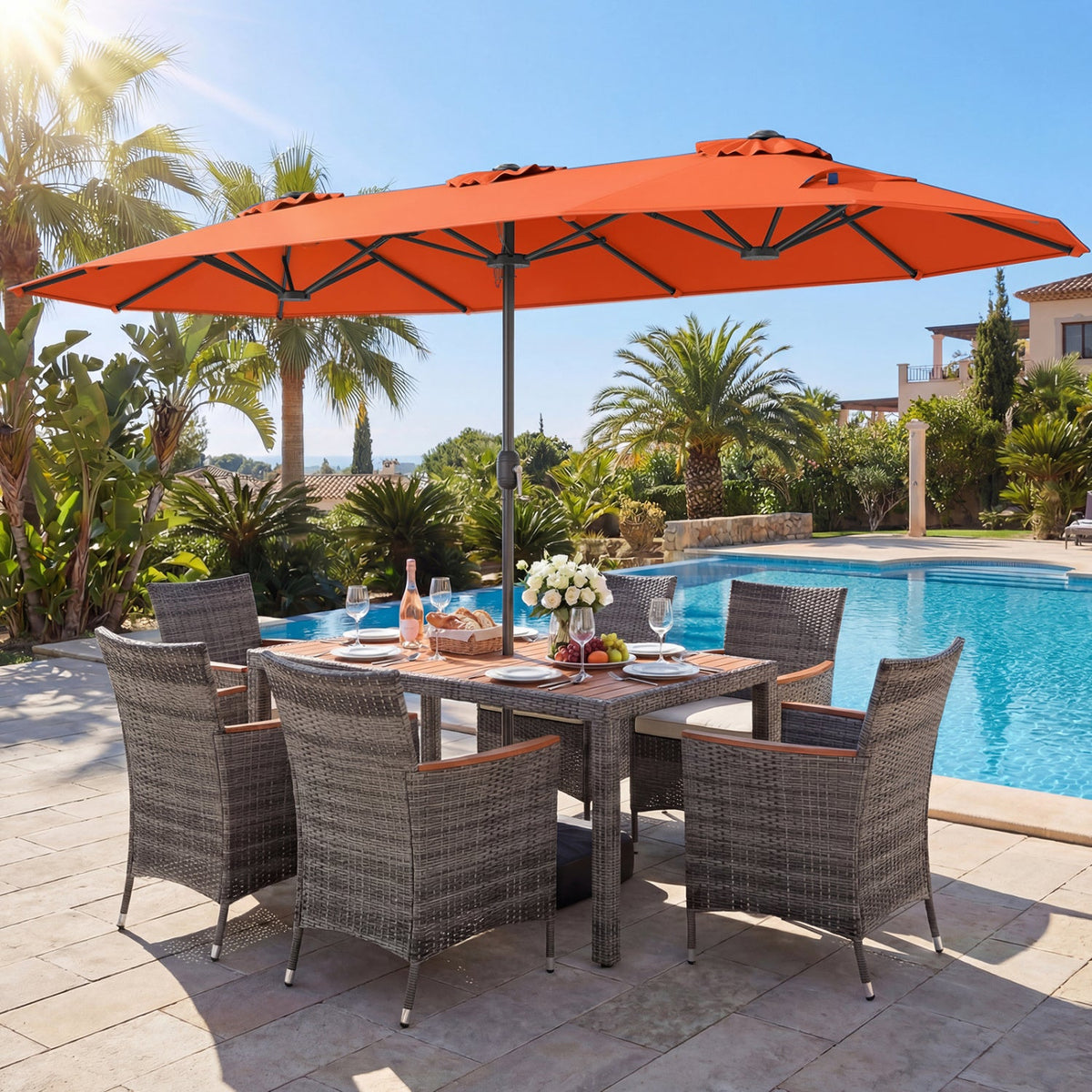 8-Piece Patio Dining Set with Double-Sided Market Umbrella