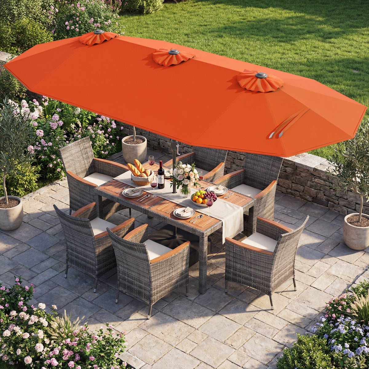 8-Piece Patio Dining Set with Double-Sided Market Umbrella