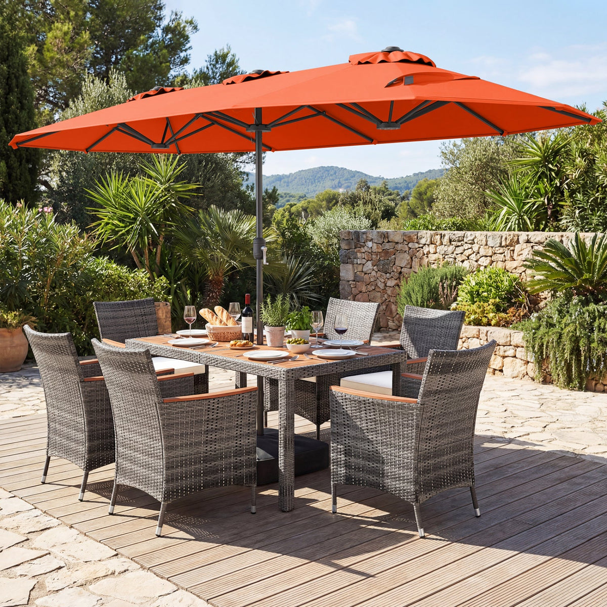 8-Piece Patio Dining Set with Double-Sided Market Umbrella