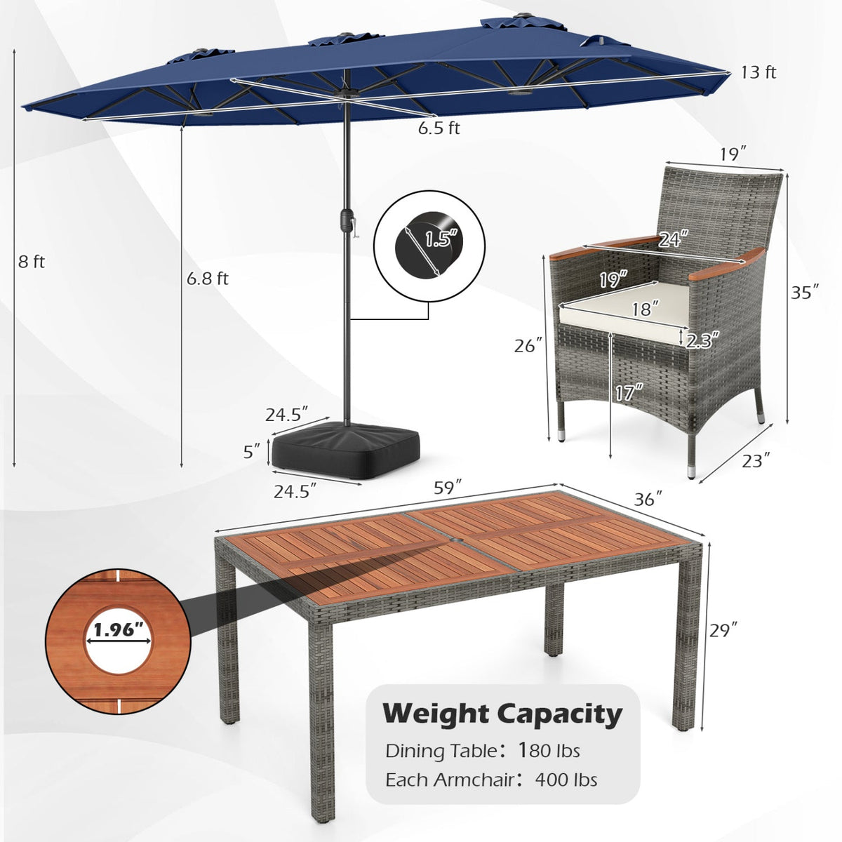 8-Piece Patio Dining Set with Double-Sided Market Umbrella