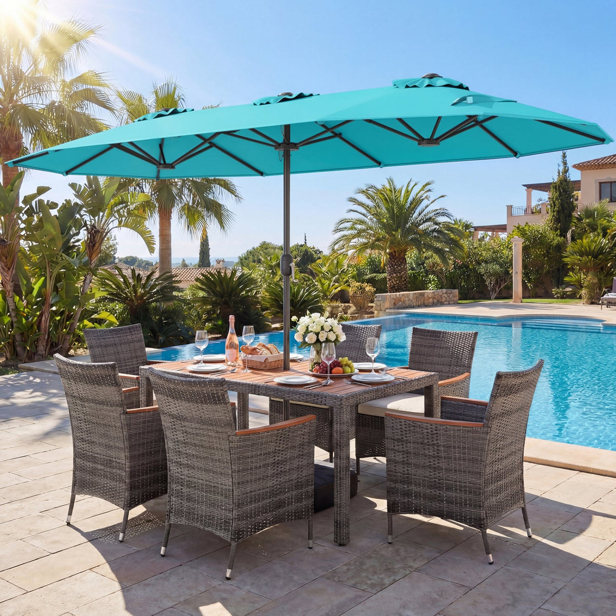 8-Piece Patio Dining Set with Double-Sided Market Umbrella
