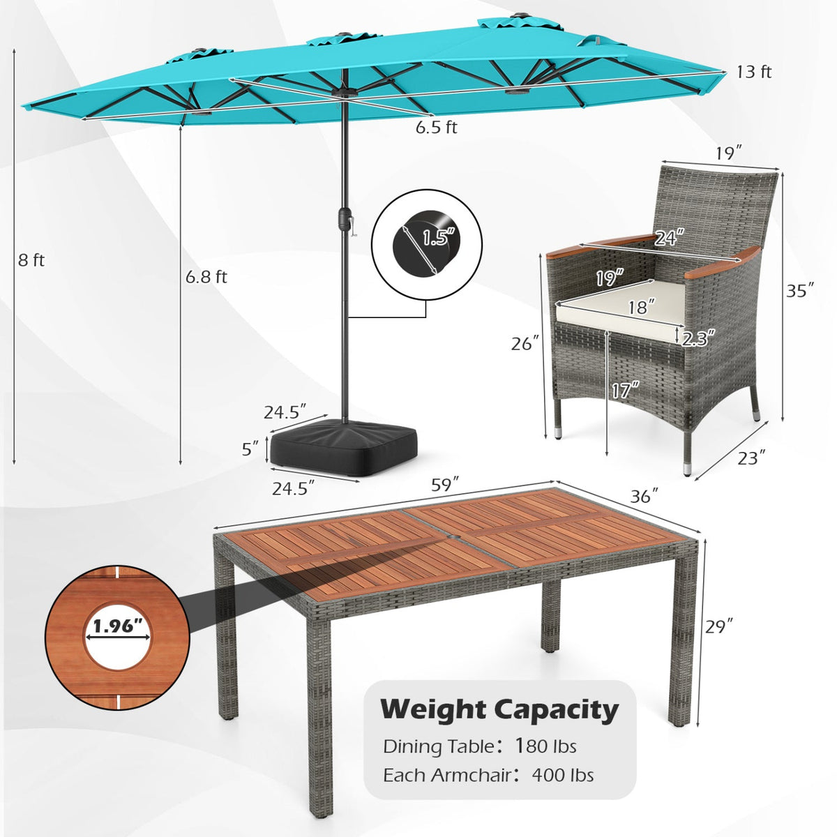 8-Piece Patio Dining Set with Double-Sided Market Umbrella
