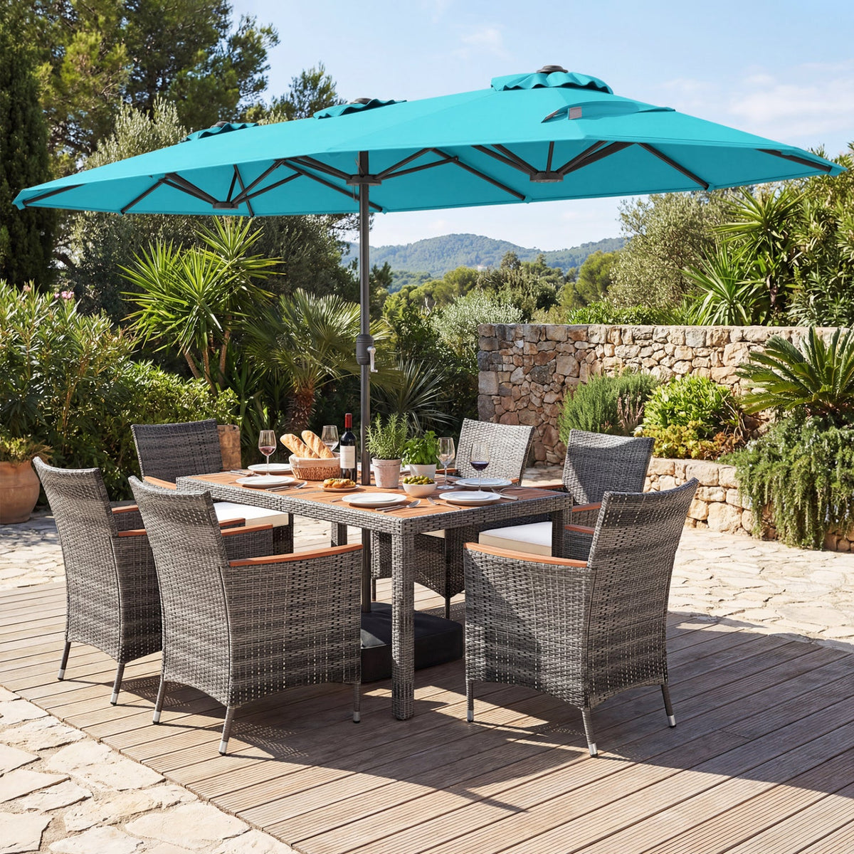 8-Piece Patio Dining Set with Double-Sided Market Umbrella