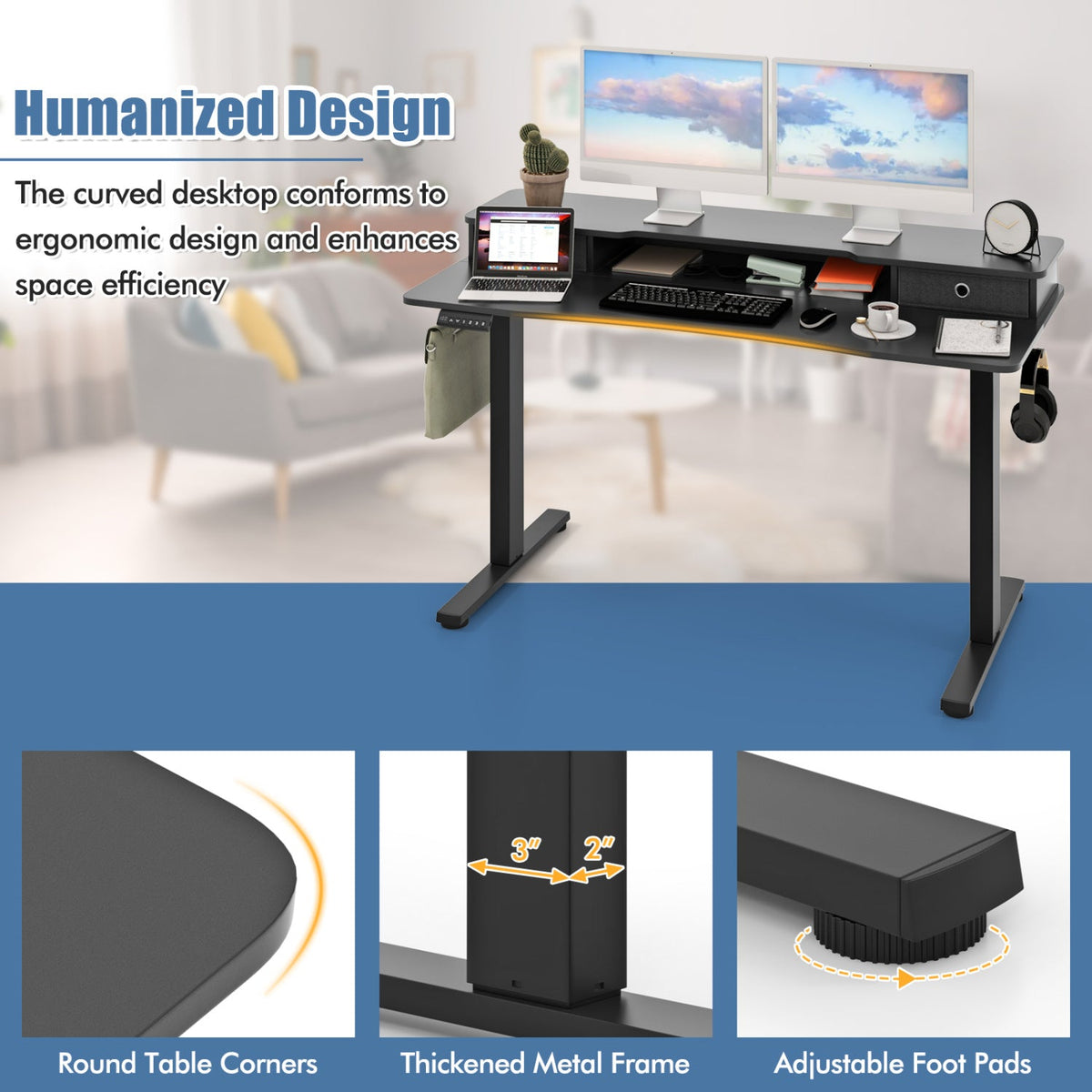 Electric Height Adjustable Standing Desk and Drafting Chair Set with Storage Drawers