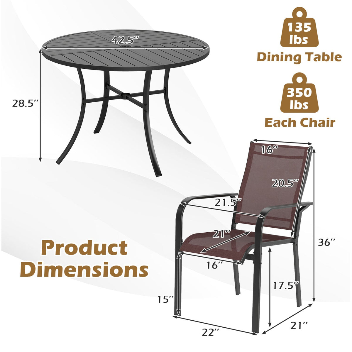 5 Pieces Patio Dining Set for 4 42.5 inch Outdoor Round Metal Table DirectDeals