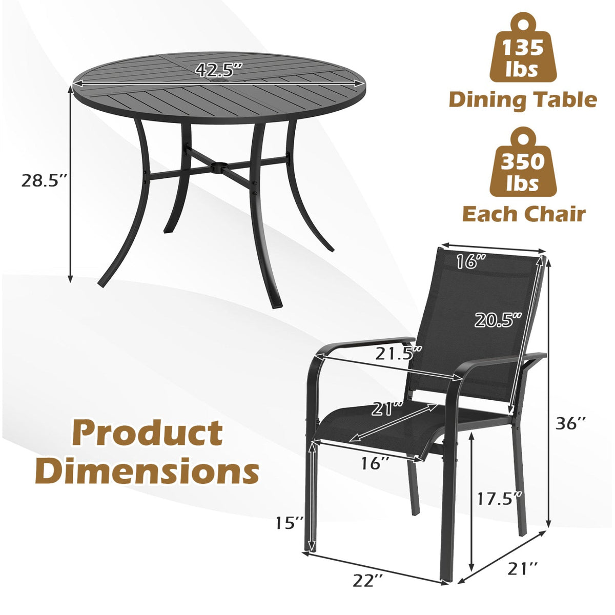 5 Pieces Patio Dining Set for 4 42.5 inch Outdoor Round Metal Table DirectDeals