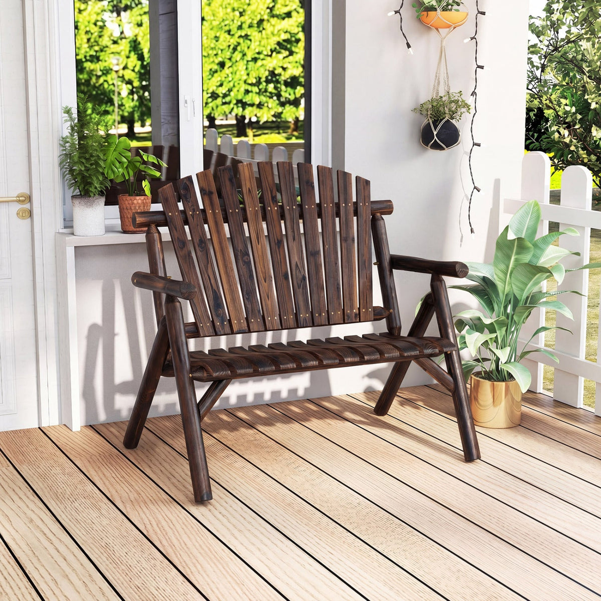 2-Person Log Wood Patio Bench with Slatted Backrest DirectDeals