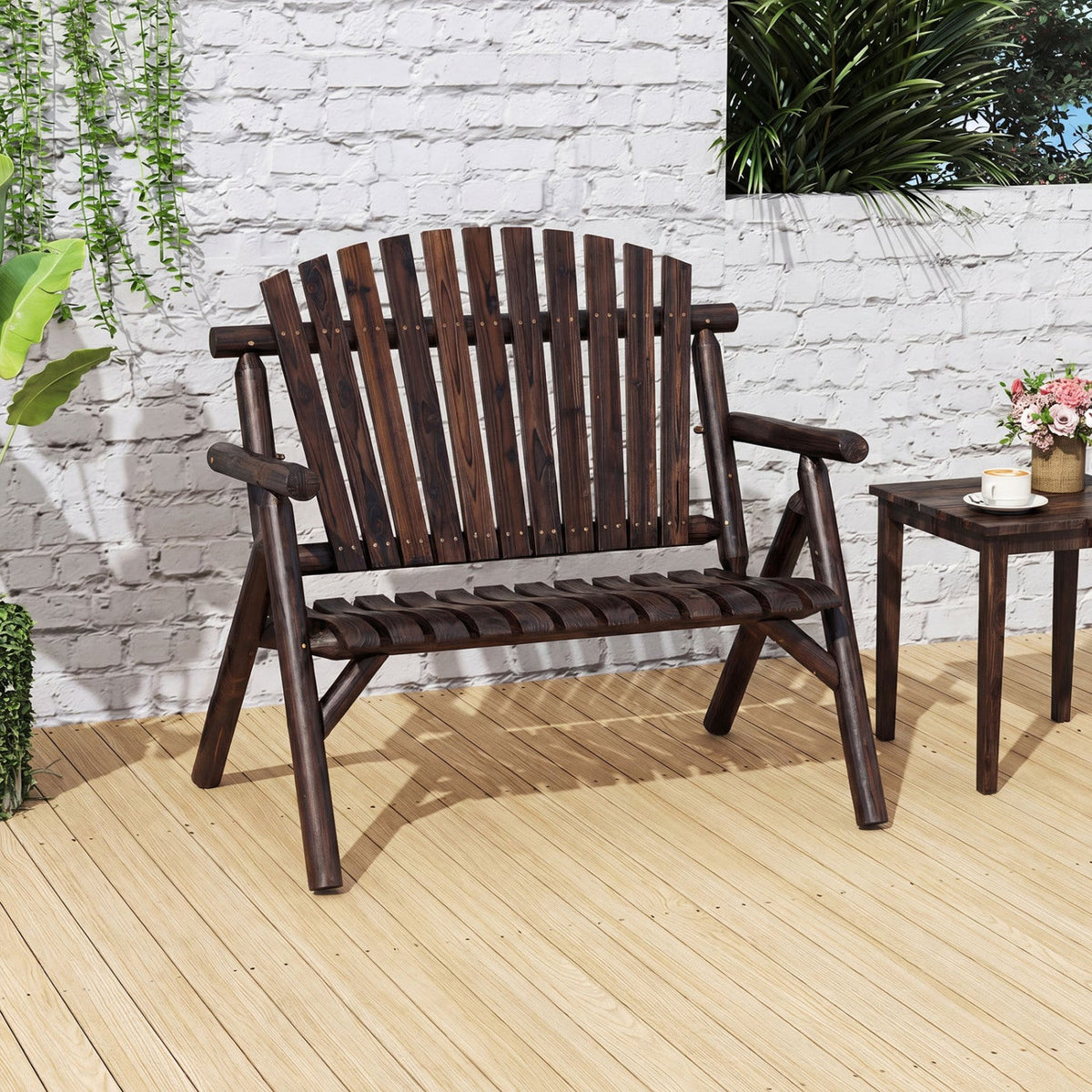 2-Person Log Wood Patio Bench with Slatted Backrest DirectDeals