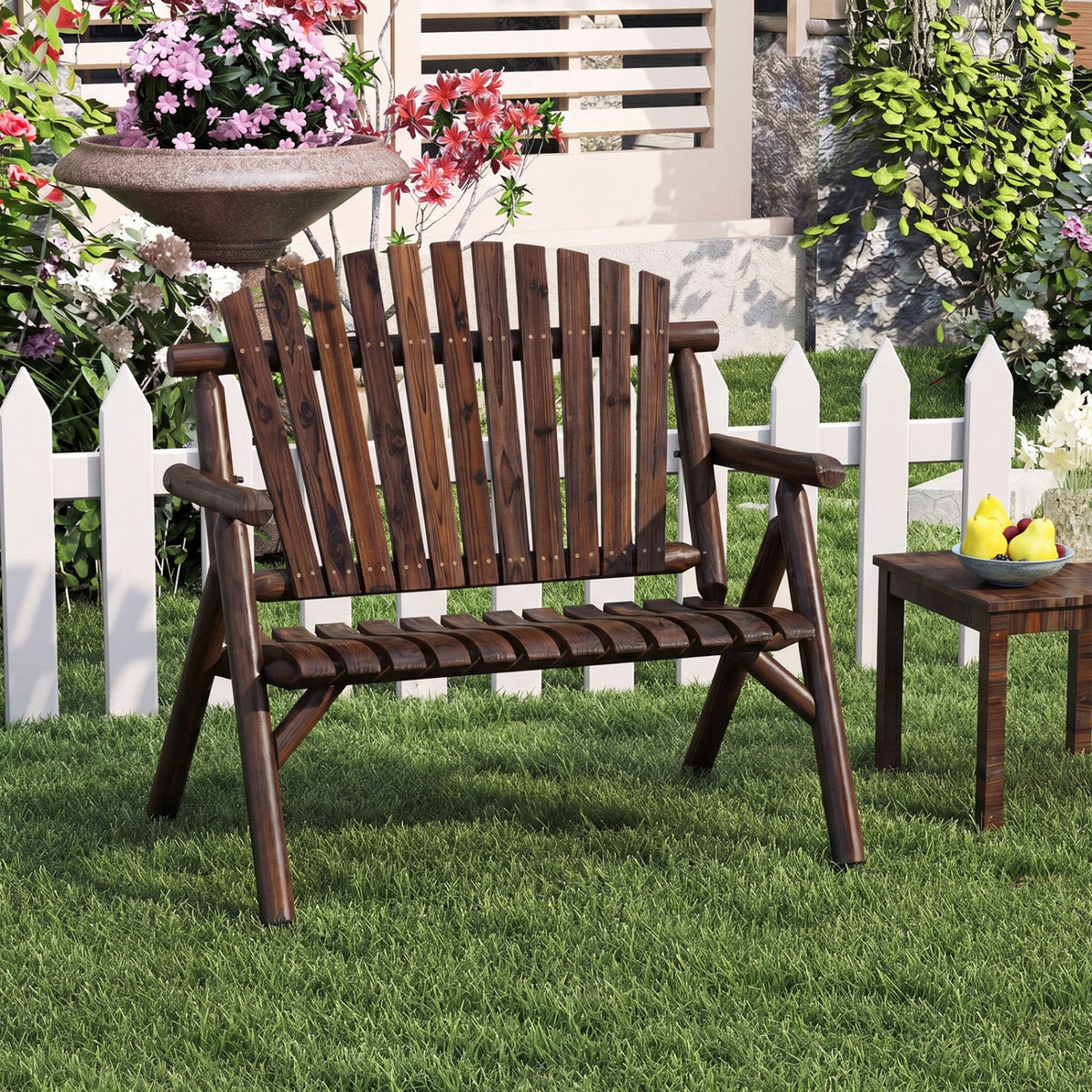 2-Person Log Wood Patio Bench with Slatted Backrest DirectDeals