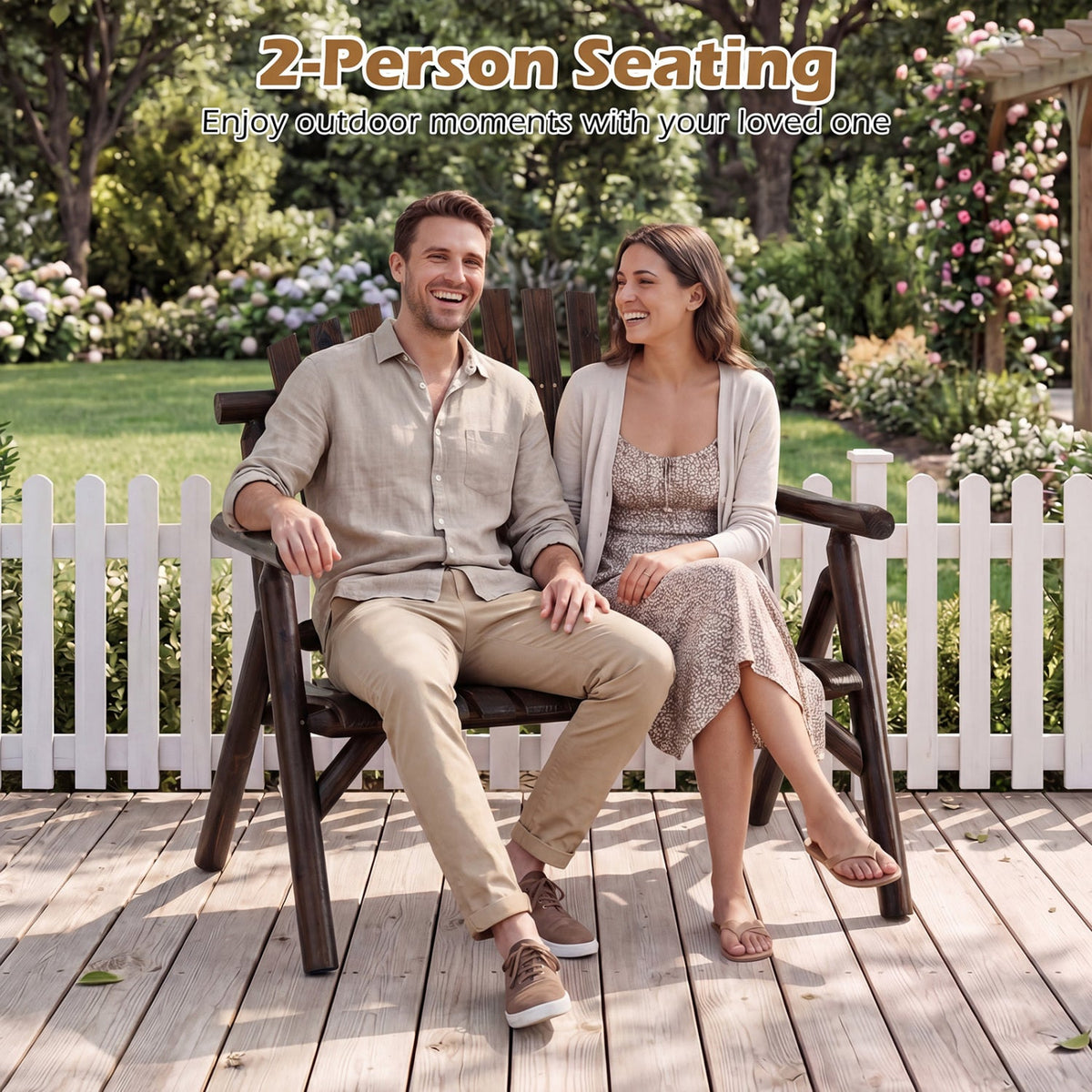 2-Person Log Wood Patio Bench with Slatted Backrest DirectDeals