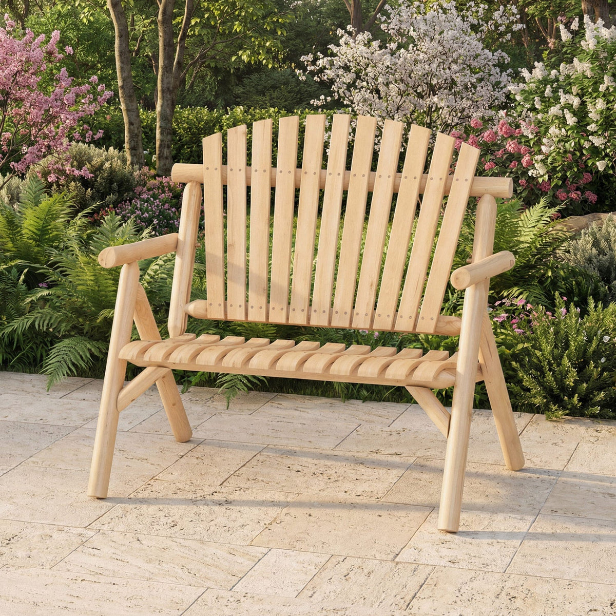2-Person Log Wood Patio Bench with Slatted Backrest DirectDeals