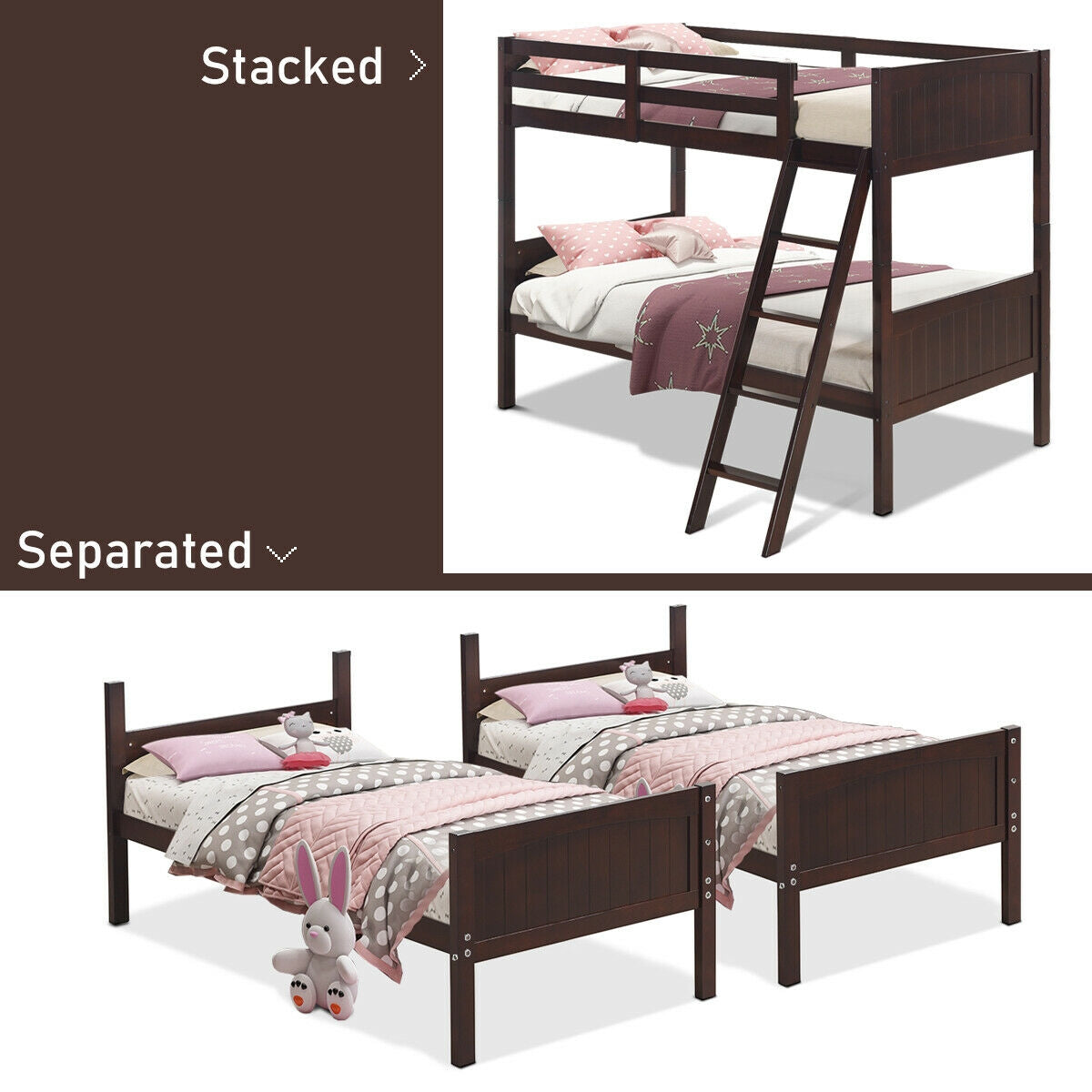 Twin Size Wooden Bunk Beds Convertible 2 Individual Beds
