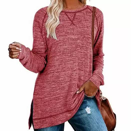 Women's Fall Long Sleeve Side Split Loose Casual Pullover Tunic Tops
